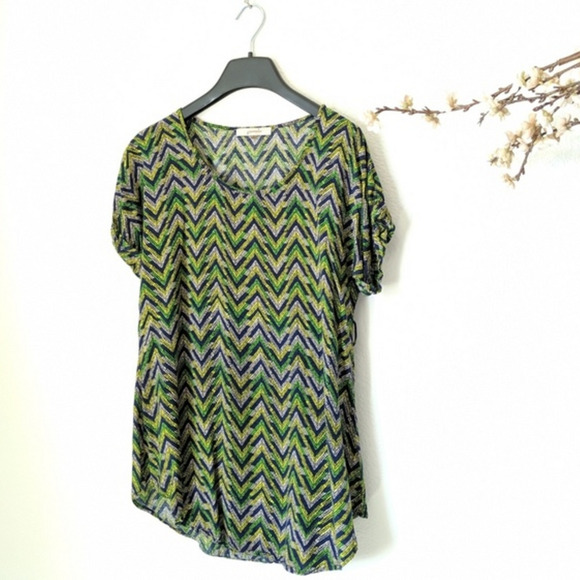 POMELO Anthropologie Geometric Drape Tunic Top Green Blue Pattern Shirt Small - Picture 2 of 8